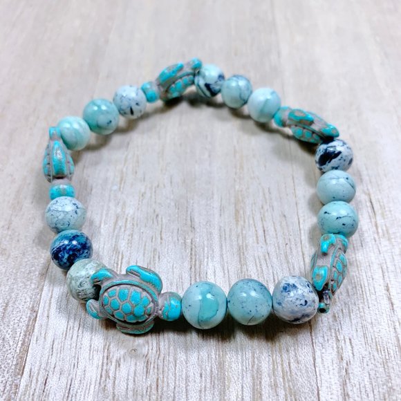 Handmade Jewelry - Grass Green Turquoise Chakra Bracelet Sea Turtle